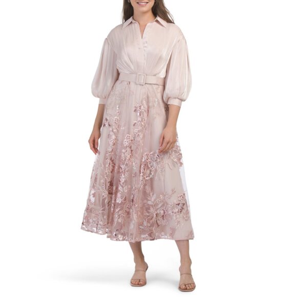 BADGLEY MISCHKA Blush Multi Embellished Skirt Shirt Dress With Belt